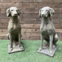 Pair of cast stone garden seated hunting dogs on rectangular plinths