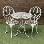 Cast aluminium garden table and two chairs painted in white