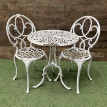 Cast aluminium garden table and two chairs painted in white