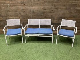 Two seat metal framed conservatory sofa and two matching armchairs