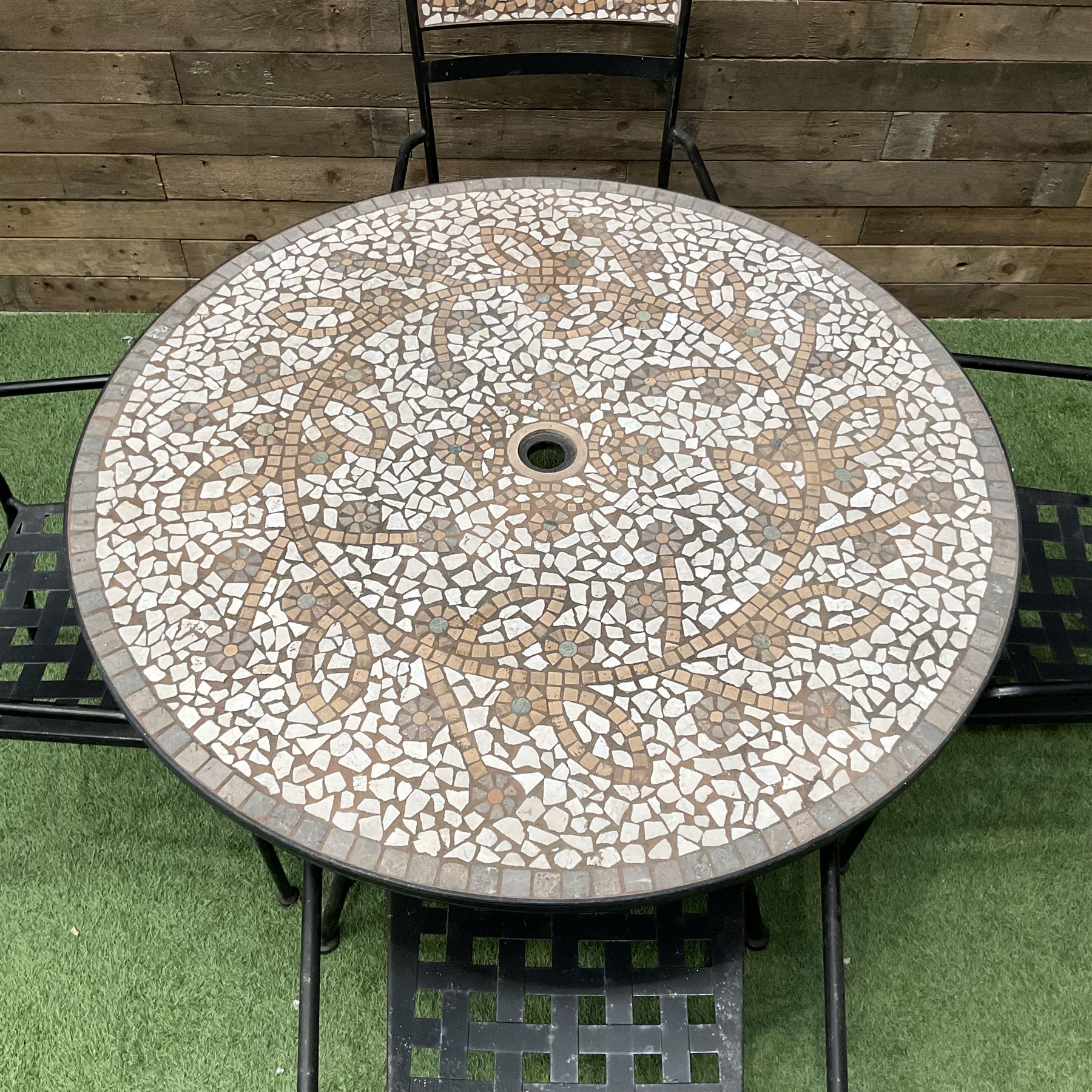 Mosaic and black metal circular garden table and four chairs - Image 4 of 6
