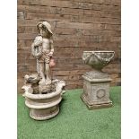 Three section cast stone garden figure of a boy carrying fishing net and a satchel with a water feat