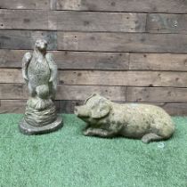 Cast stone pig and eagle garden ornaments
