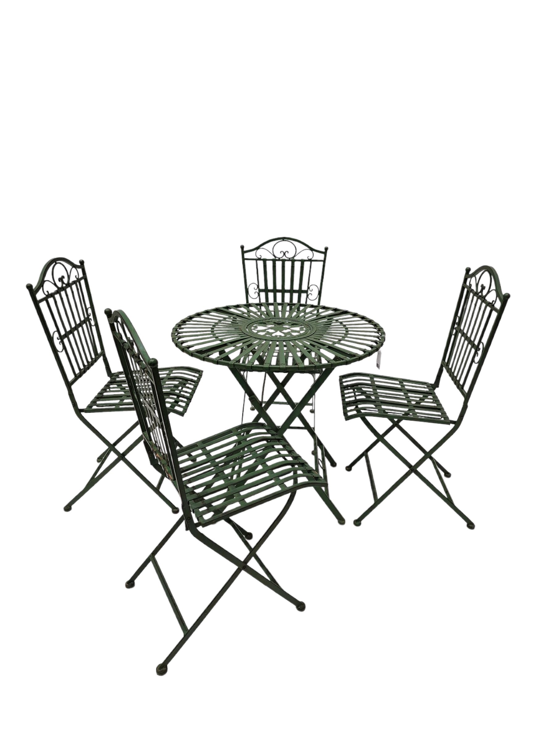 Wrought metal slatted round folding garden table and four chairs in green finish - THIS LOT IS TO BE - Image 2 of 7