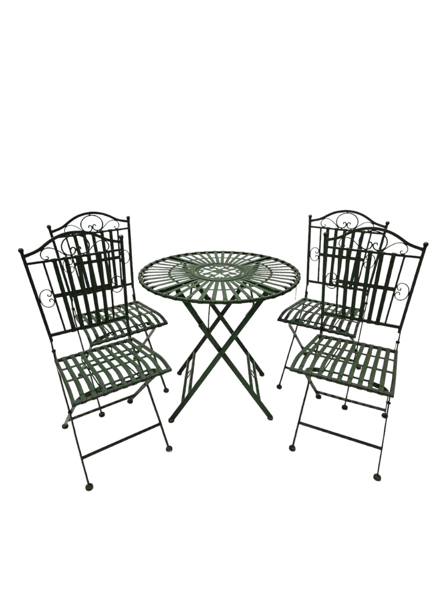 Wrought metal slatted round folding garden table and four chairs in green finish - THIS LOT IS TO BE - Image 4 of 7