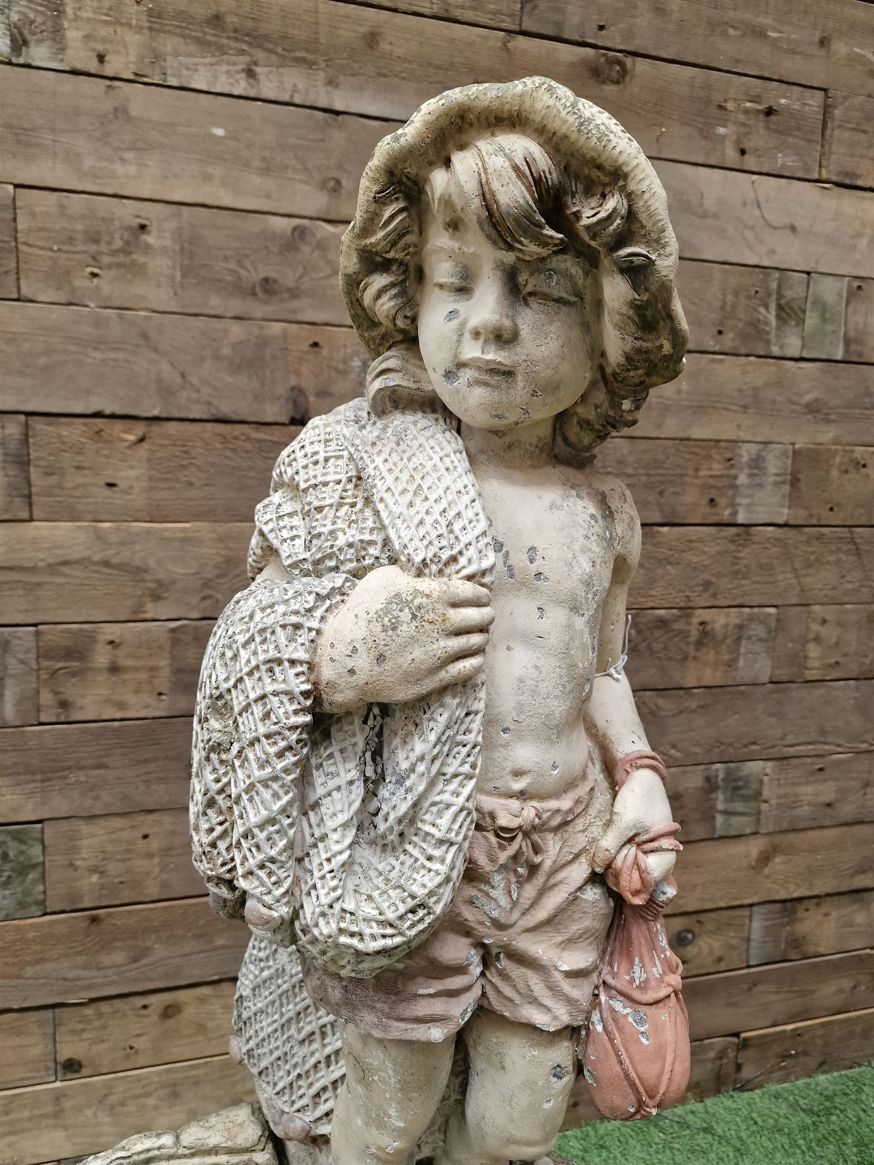 Three section cast stone garden figure of a boy carrying fishing net and a satchel with a water feat - Image 2 of 9