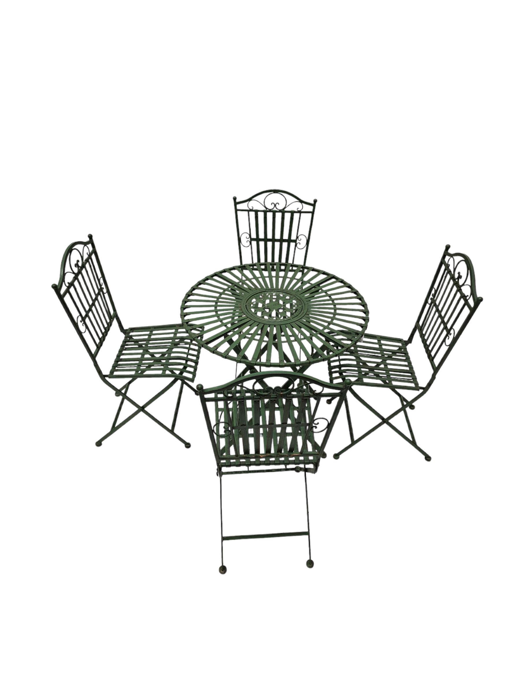 Wrought metal slatted round folding garden table and four chairs in green finish - THIS LOT IS TO BE - Image 3 of 7