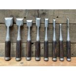 Set of eight Japanese handmade carpenters chisels with rosewood handles