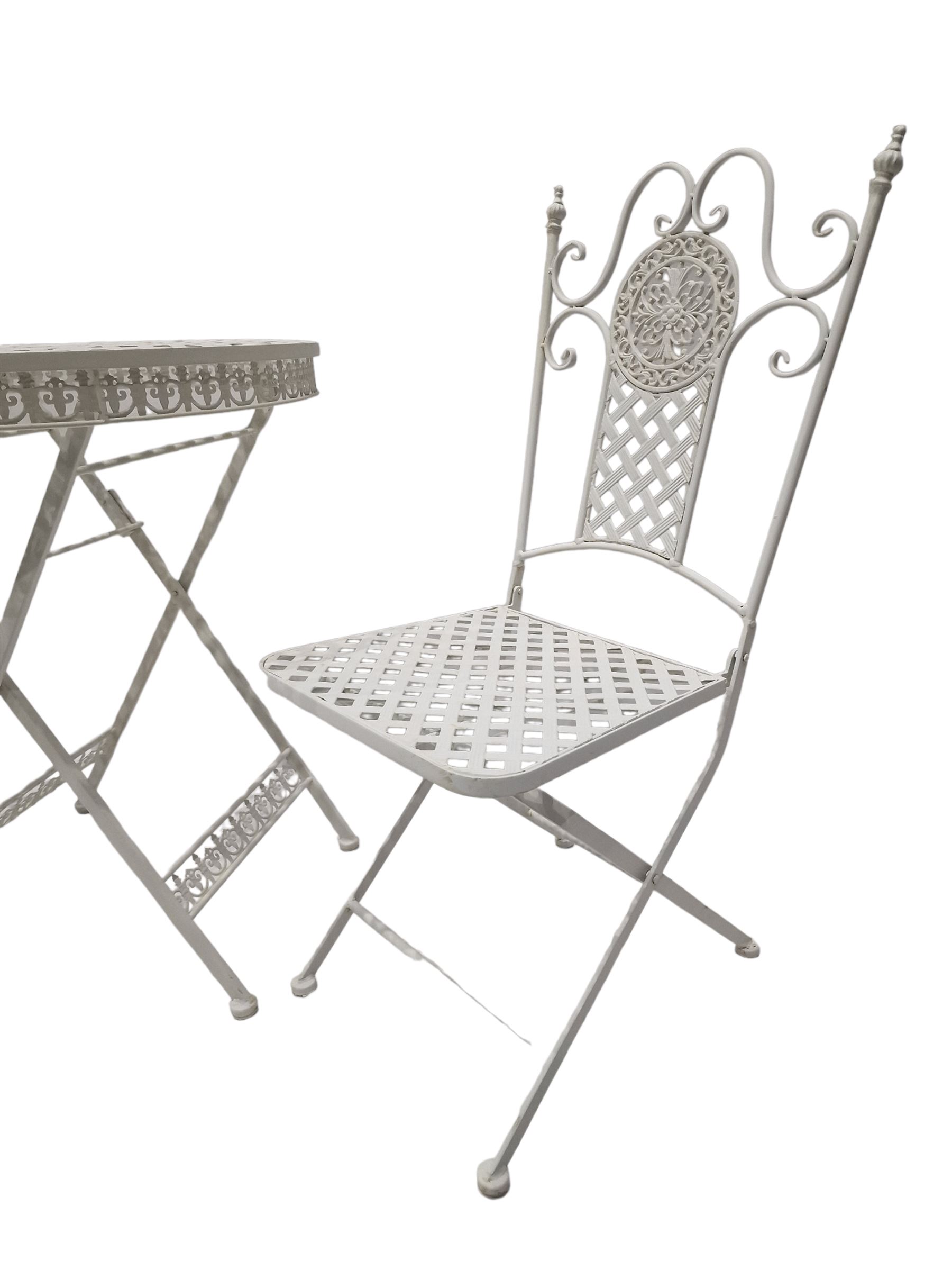 Wrought iron mesh style round bistro table and two chairs in white finish - THIS LOT IS TO BE COLLE - Image 4 of 4