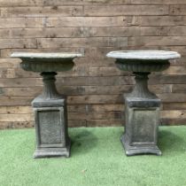 Pair of Victorian design cast stone squat garden urns
