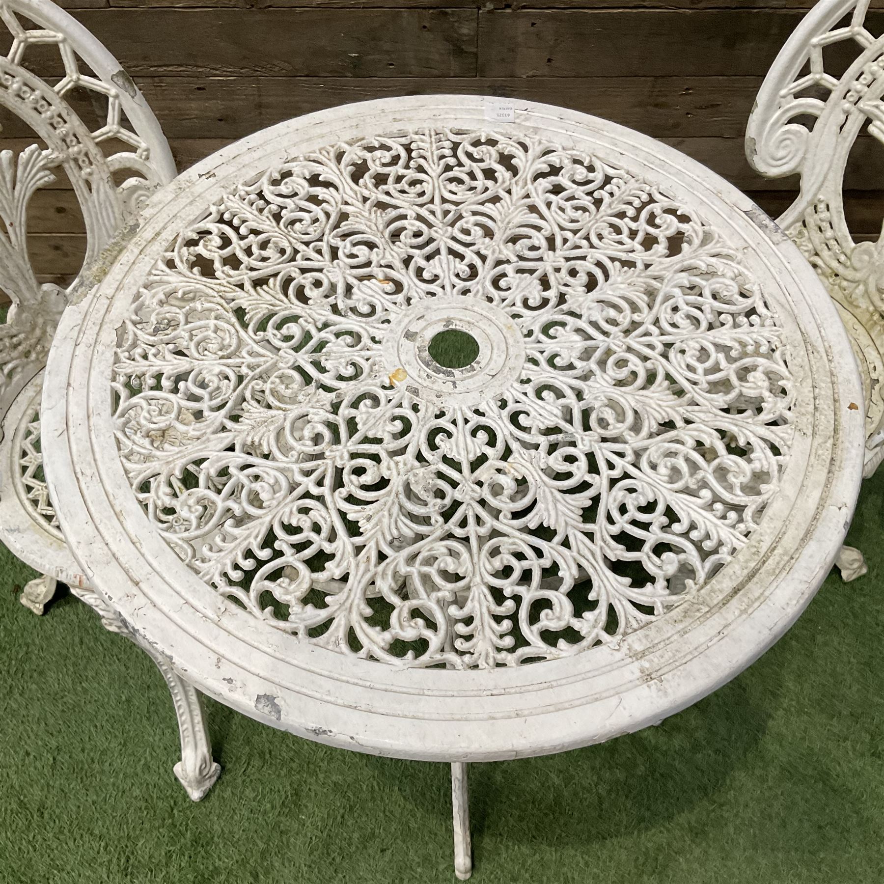 Cast aluminium circular garden table and two chairs - Image 2 of 5