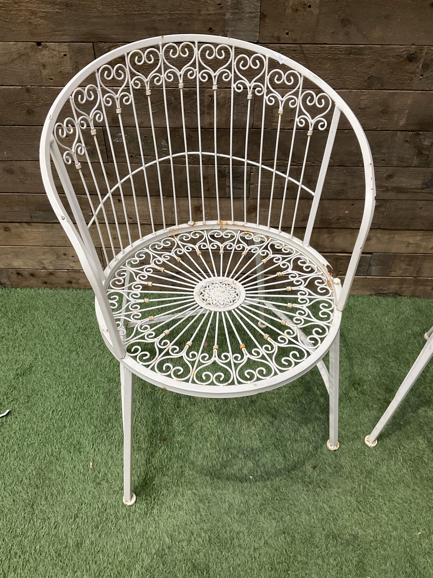 Pair of wrought metal white painted wirework garden chairs - Image 3 of 3