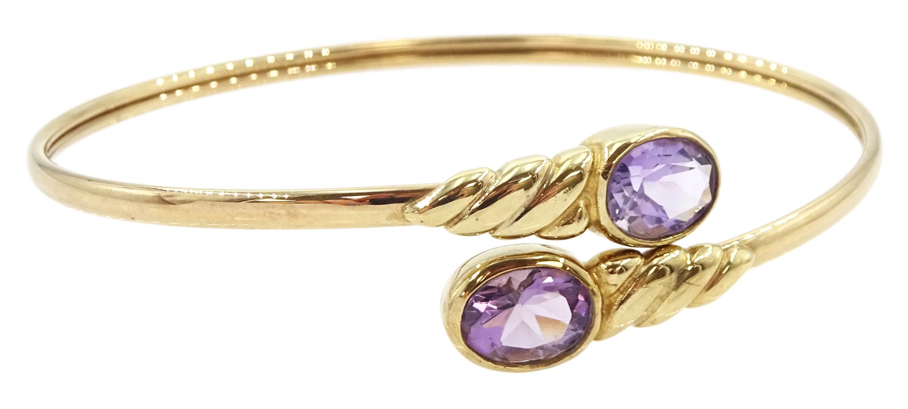 9ct gold two stone oval cut amethyst torque bangle