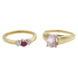 Gold three stone ruby and round brilliant cut diamond ring and a gold single stone kunzite ring