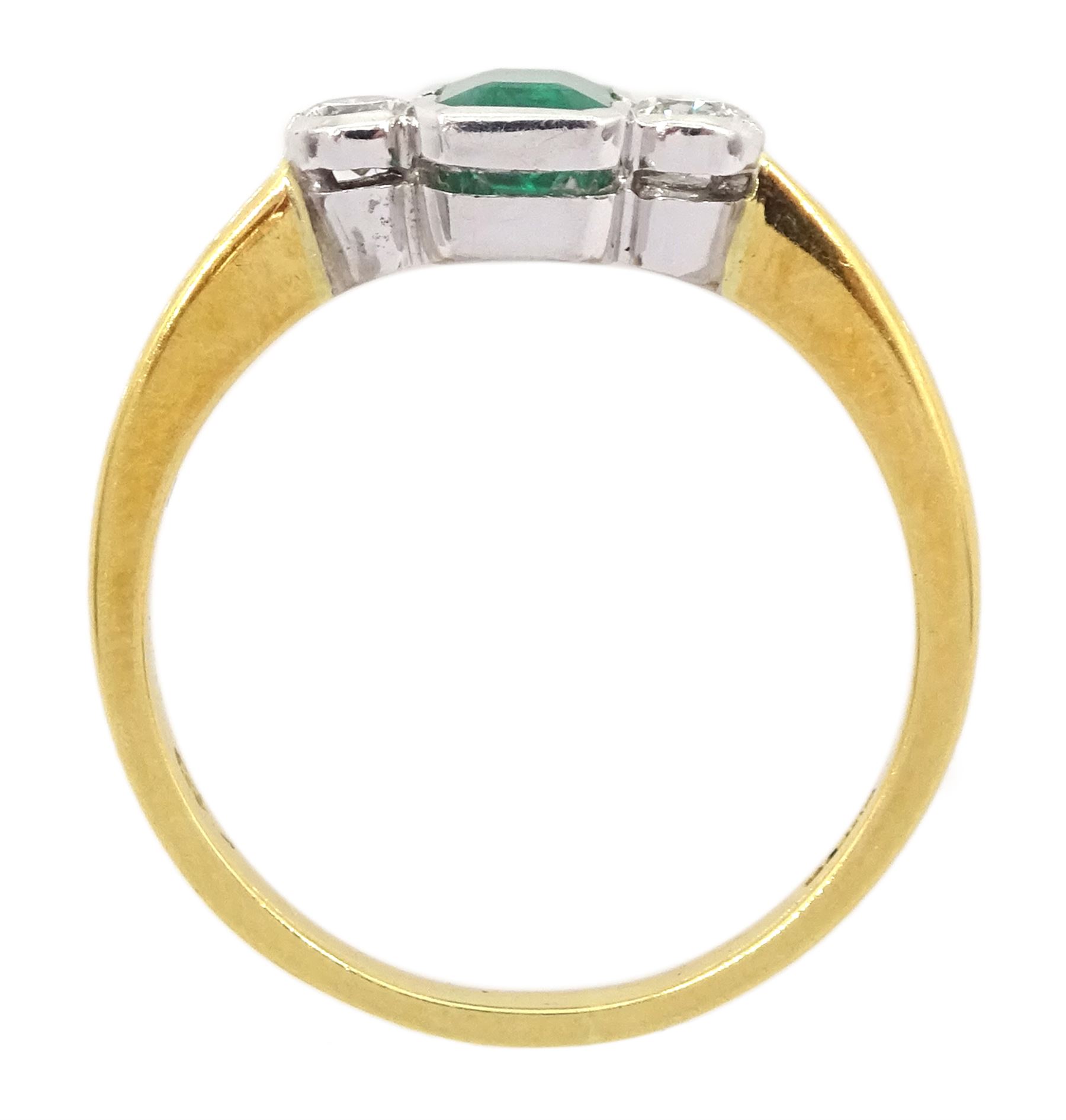 18ct gold three stone octagonal cut emerald and round brilliant cut diamond ring - Image 4 of 4