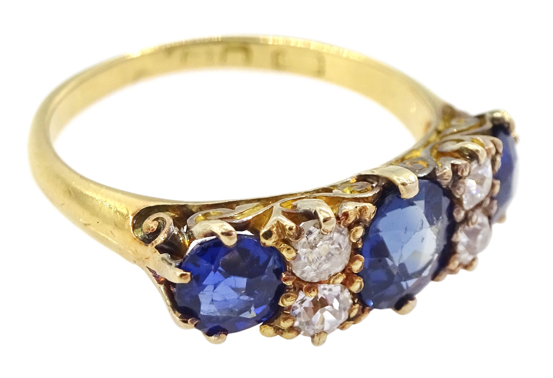 Early 20th century 18ct gold three stone cushion cut sapphire and four stone old cut diamond ring - Image 3 of 4