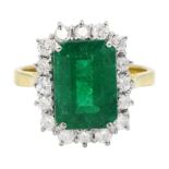 18ct gold emerald cut emerald and round brilliant cut diamond cluster ring