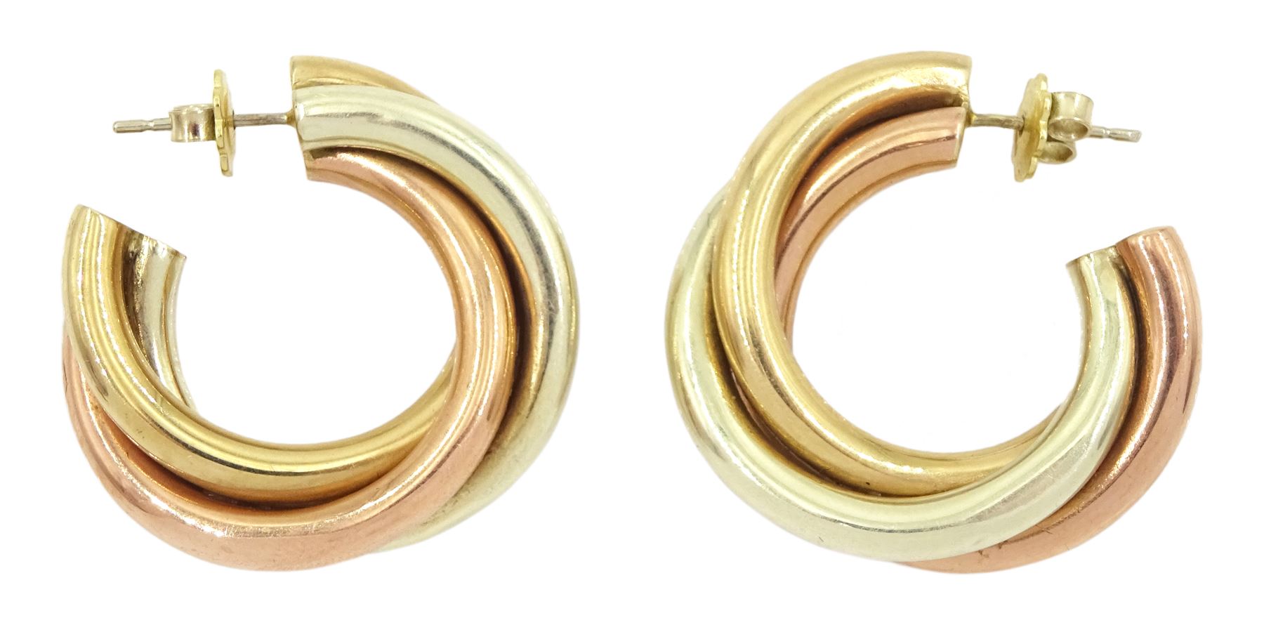 Pair of 9ct gold tri-coloured gold hoop stud earrings