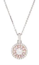 18ct white gold round brilliant cut pink and white diamond halo pendant necklace