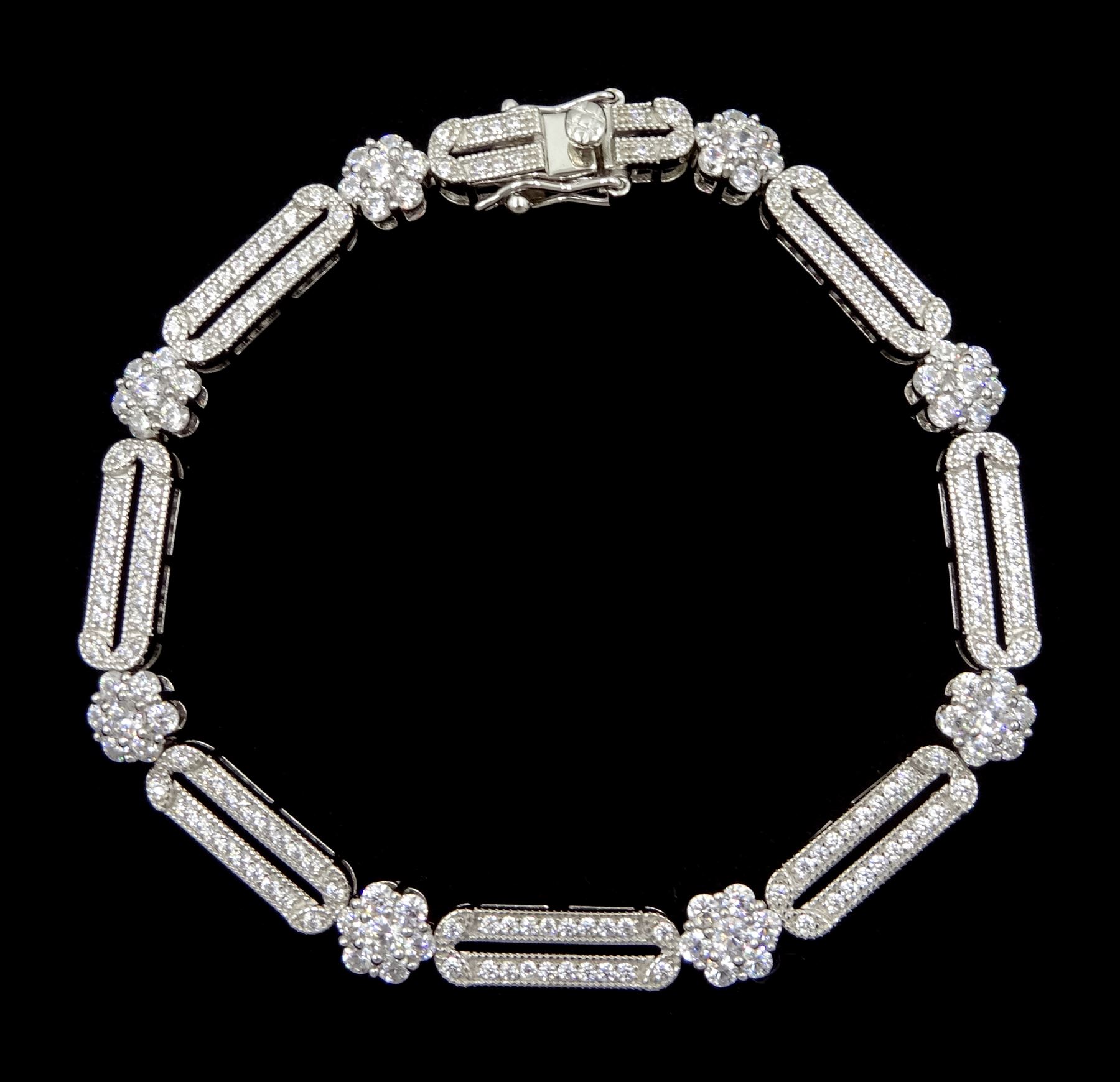Silver Art Deco style cubic zirconia openwork flower link bracelet