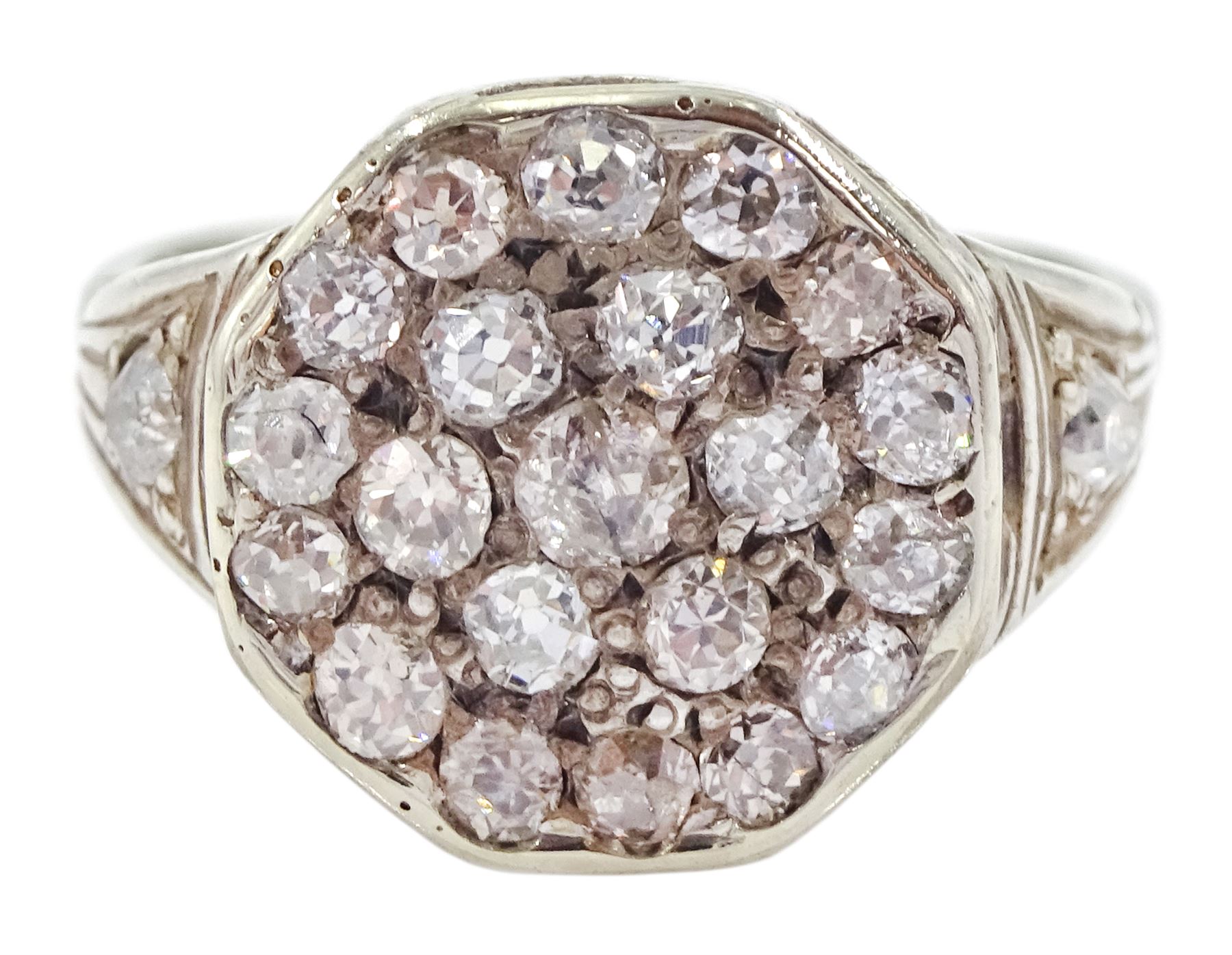 Early 20th century 18ct white gold and silver old cut diamond cluster ring