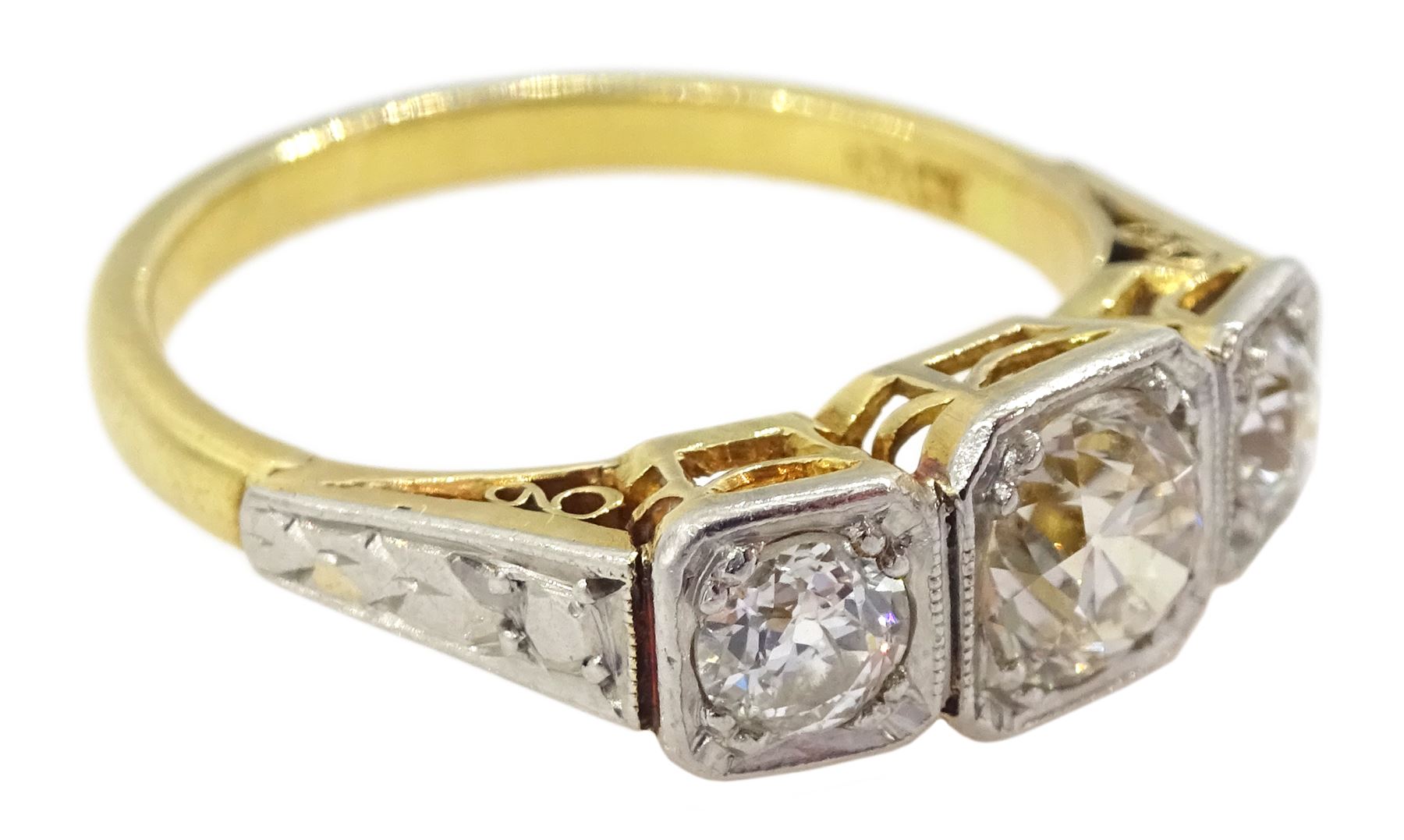 Early 20th century gold square milgrain set three stone old cut diamond ring - Image 3 of 4