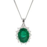 18ct white gold oval emerald and round brilliant cut diamond pendant necklace