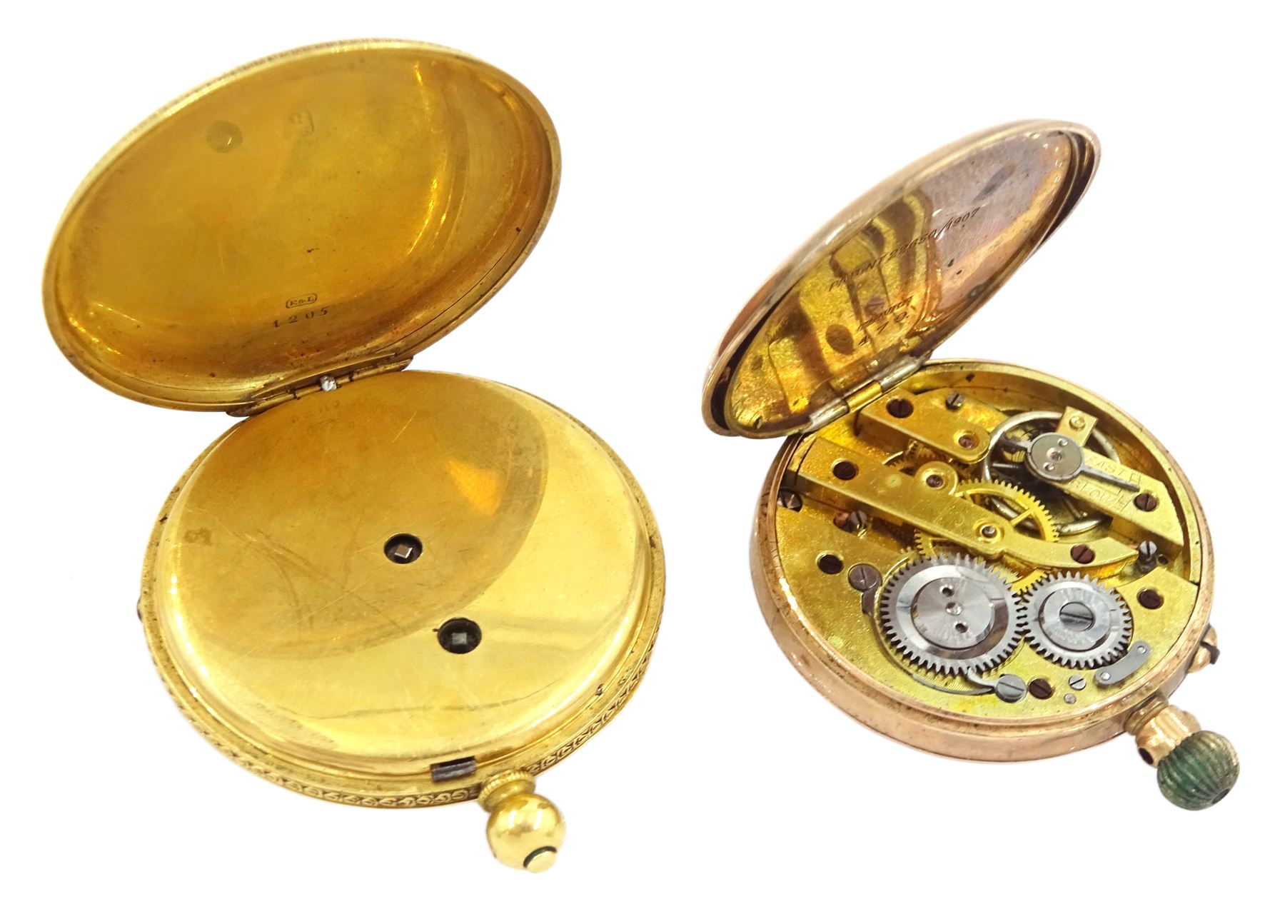 Early 20th century 18ct gold key wound cylinder fob watch and a smaller 9ct gold keyless cylinder fo - Image 3 of 3