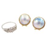 Pair of 14ct gold grey mabe pearl stud earrings and a 9ct white gold diamond cluster ring