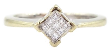 18ct white gold pave set nine stone princess cut diamond cluster ring