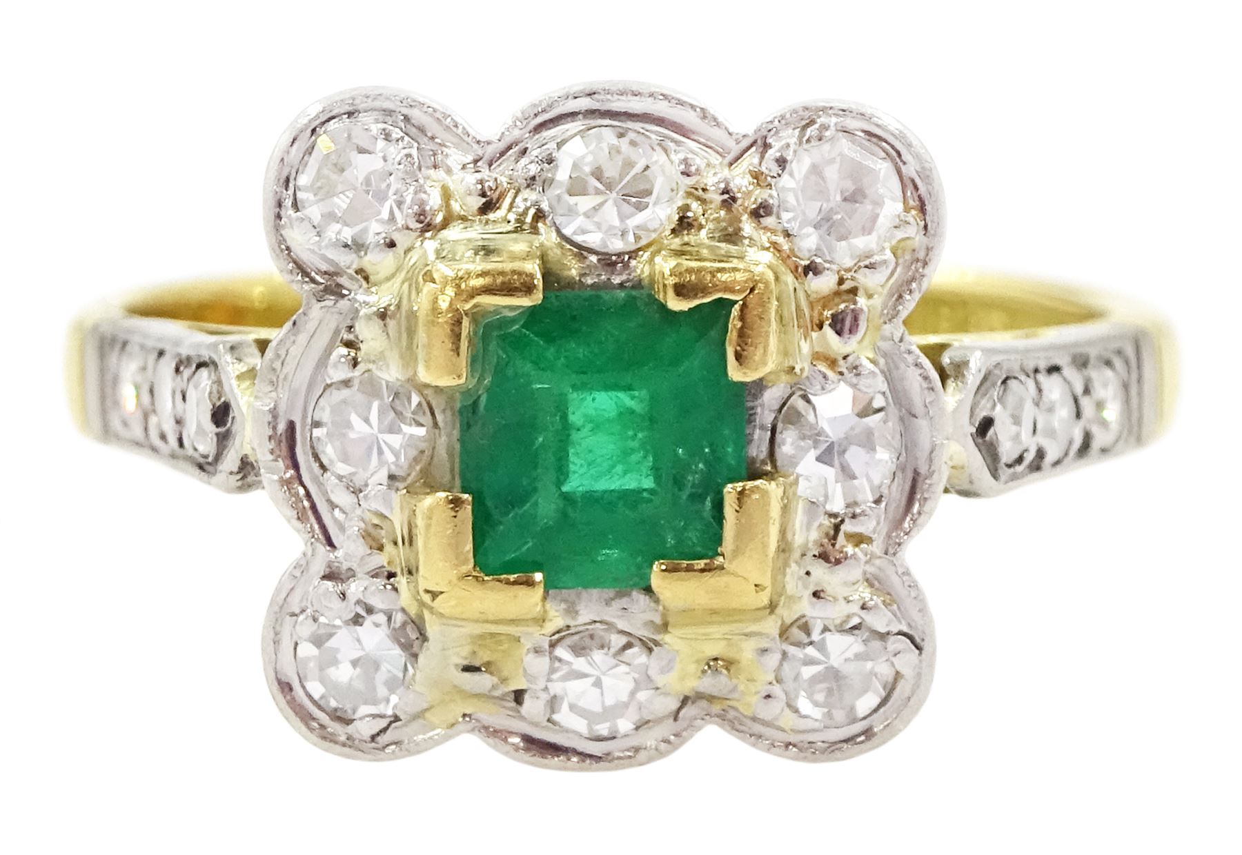 Gold square cut emerald and single cut diamond cluster ring