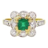 Gold square cut emerald and single cut diamond cluster ring