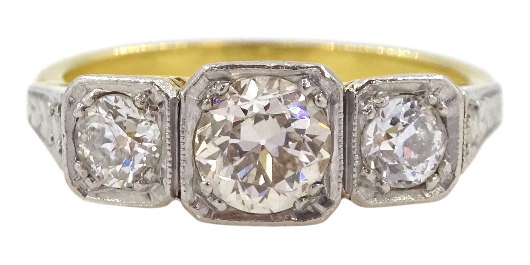 Early 20th century gold square milgrain set three stone old cut diamond ring