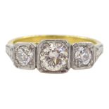 Early 20th century gold square milgrain set three stone old cut diamond ring