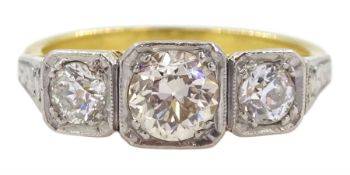 Early 20th century gold square milgrain set three stone old cut diamond ring
