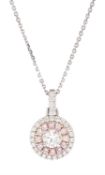 18ct white gold round brilliant cut pink and white diamond halo pendant necklace