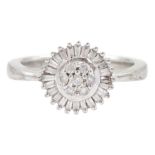 9ct gold white gold round brilliant cut and baguette cut diamond cluster ring