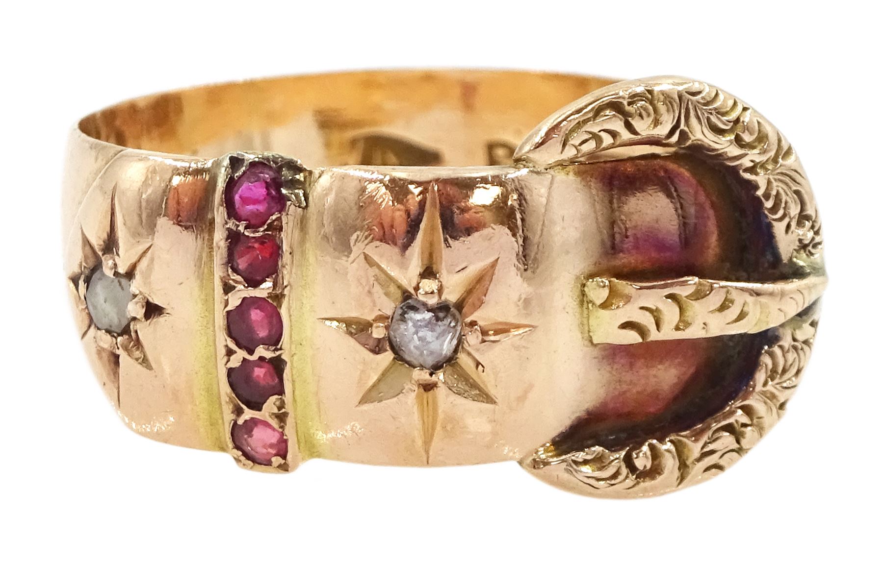 Early 20th century 9ct rose gold rose cut diamond and garnet buckle ring