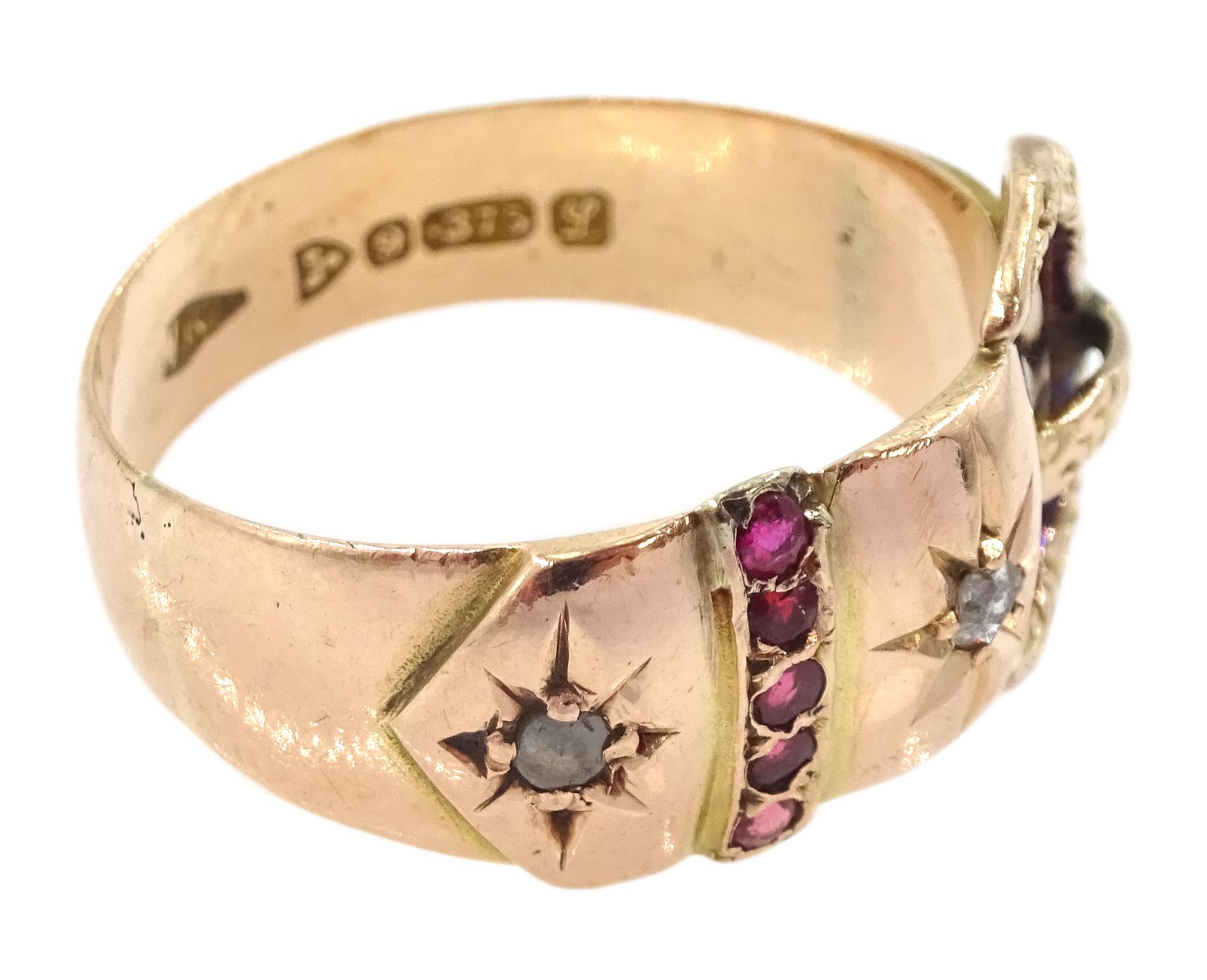 Early 20th century 9ct rose gold rose cut diamond and garnet buckle ring - Bild 3 aus 4