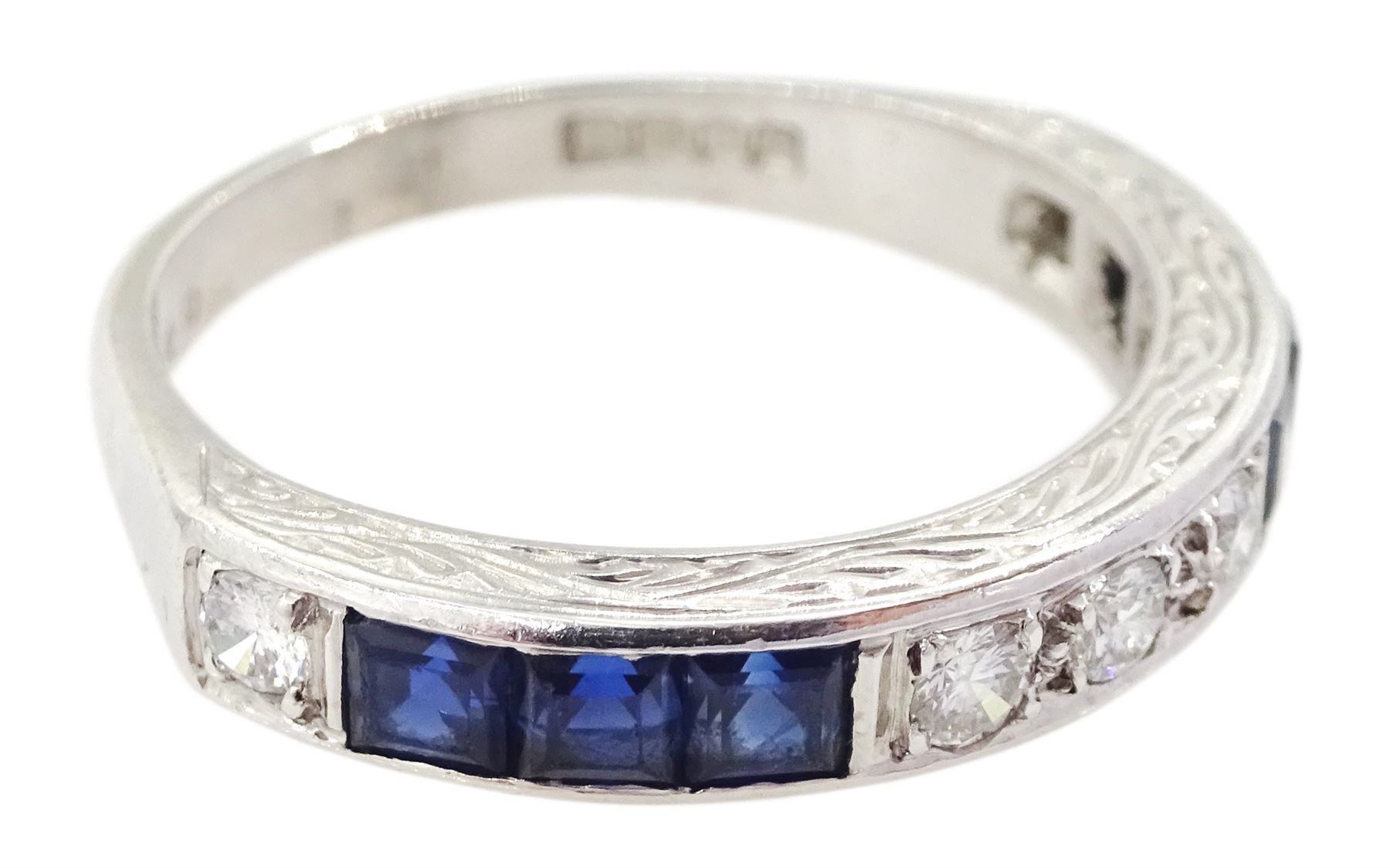 18ct white gold round brilliant cut diamond and calibre cut sapphire half eternity ring - Image 3 of 4