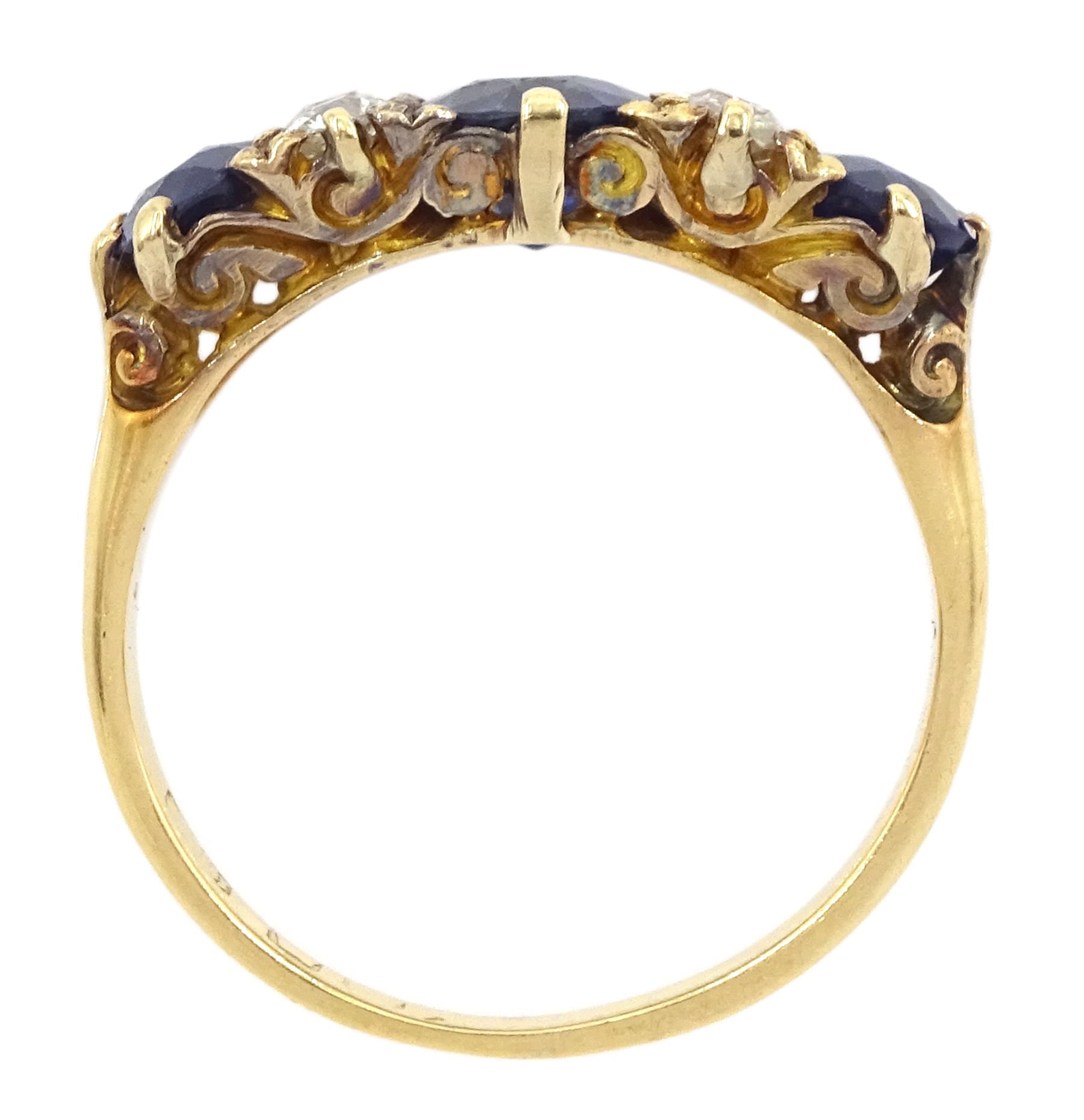 Early 20th century 18ct gold three stone cushion cut sapphire and four stone old cut diamond ring - Image 4 of 4