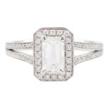 18ct white gold emerald cut and round brilliant cut diamond cluster ring