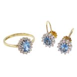 9ct gold oval cut blue topaz and round brilliant cut diamond cluster ring and a pair of similar 9ct
