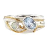 Silver and 14ct gold wire blue topaz and opal ring