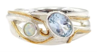 Silver and 14ct gold wire blue topaz and opal ring