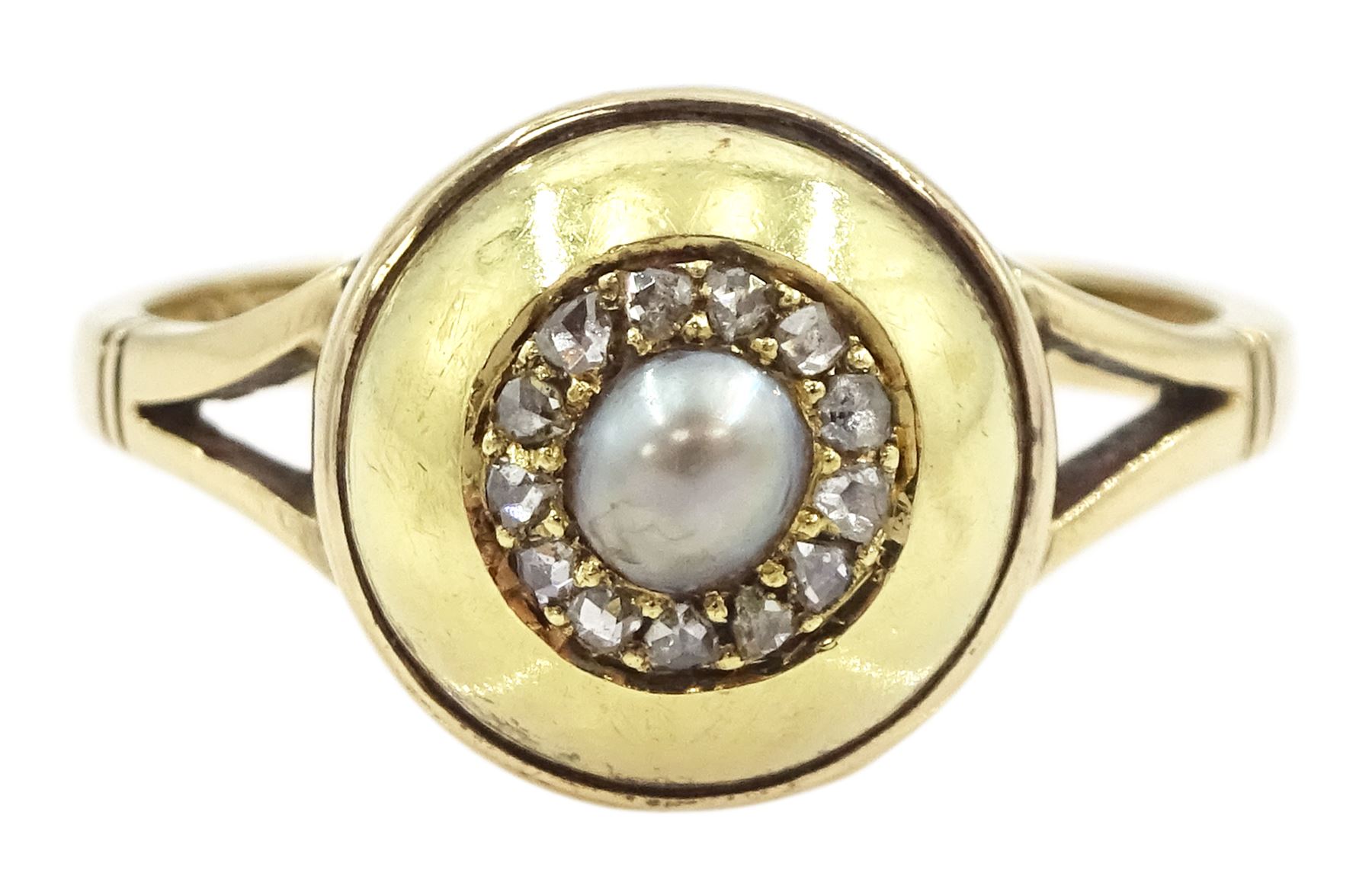 Early 20th century gold old cut diamond and pearl cluster ring