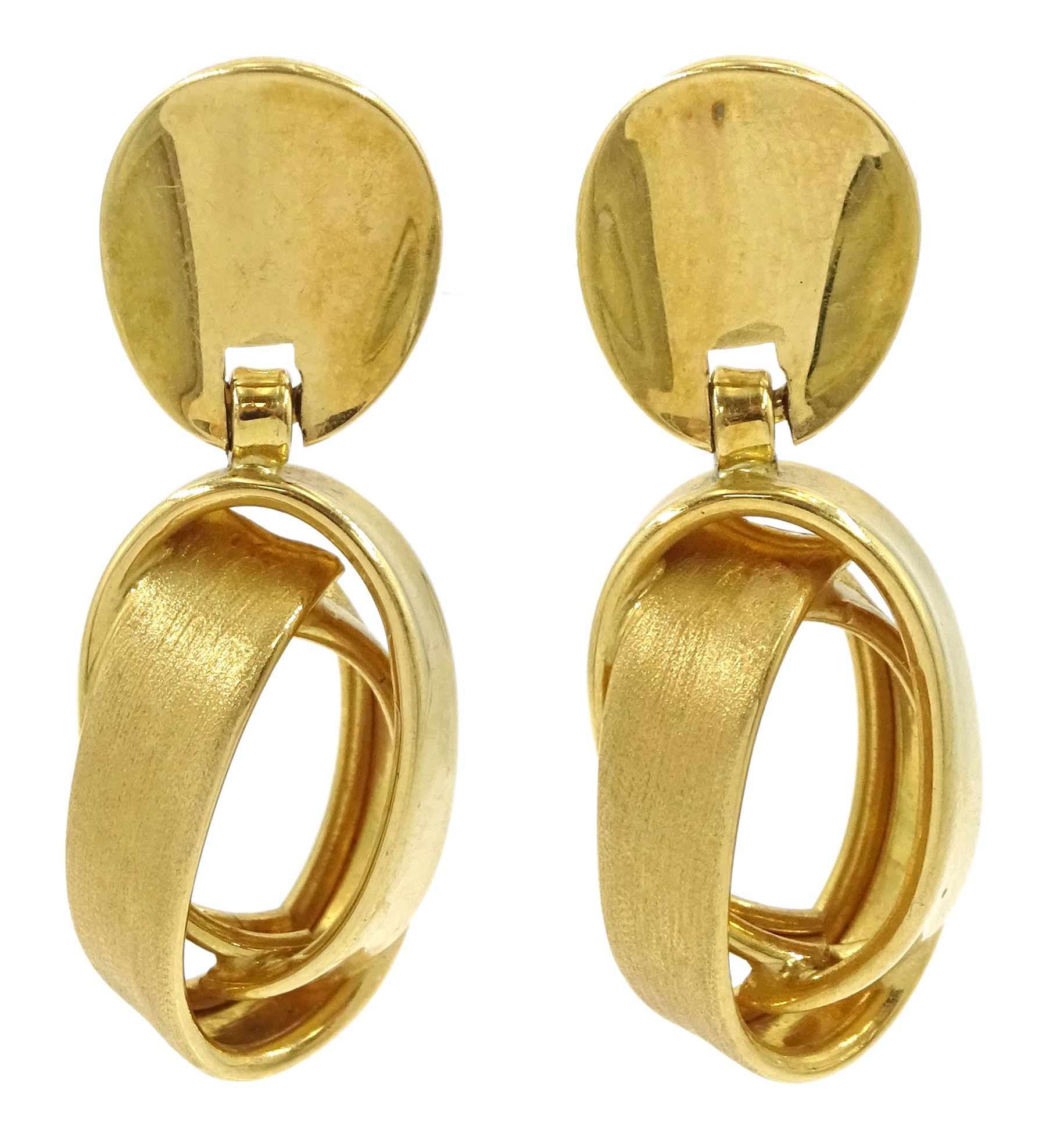 Pair of 18ct gold brushed and polished fancy hoop pendant stud earrings