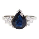 14ct white gold single stone pear cut sapphire and six stone round brilliant cut diamond ring