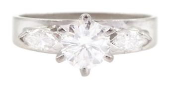 18ct white gold three stone round brilliant cut and marquise cut diamond ring