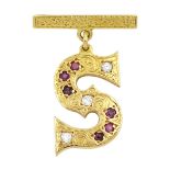 18ct gold round brilliant cut diamond and ruby 'S' pendant brooch